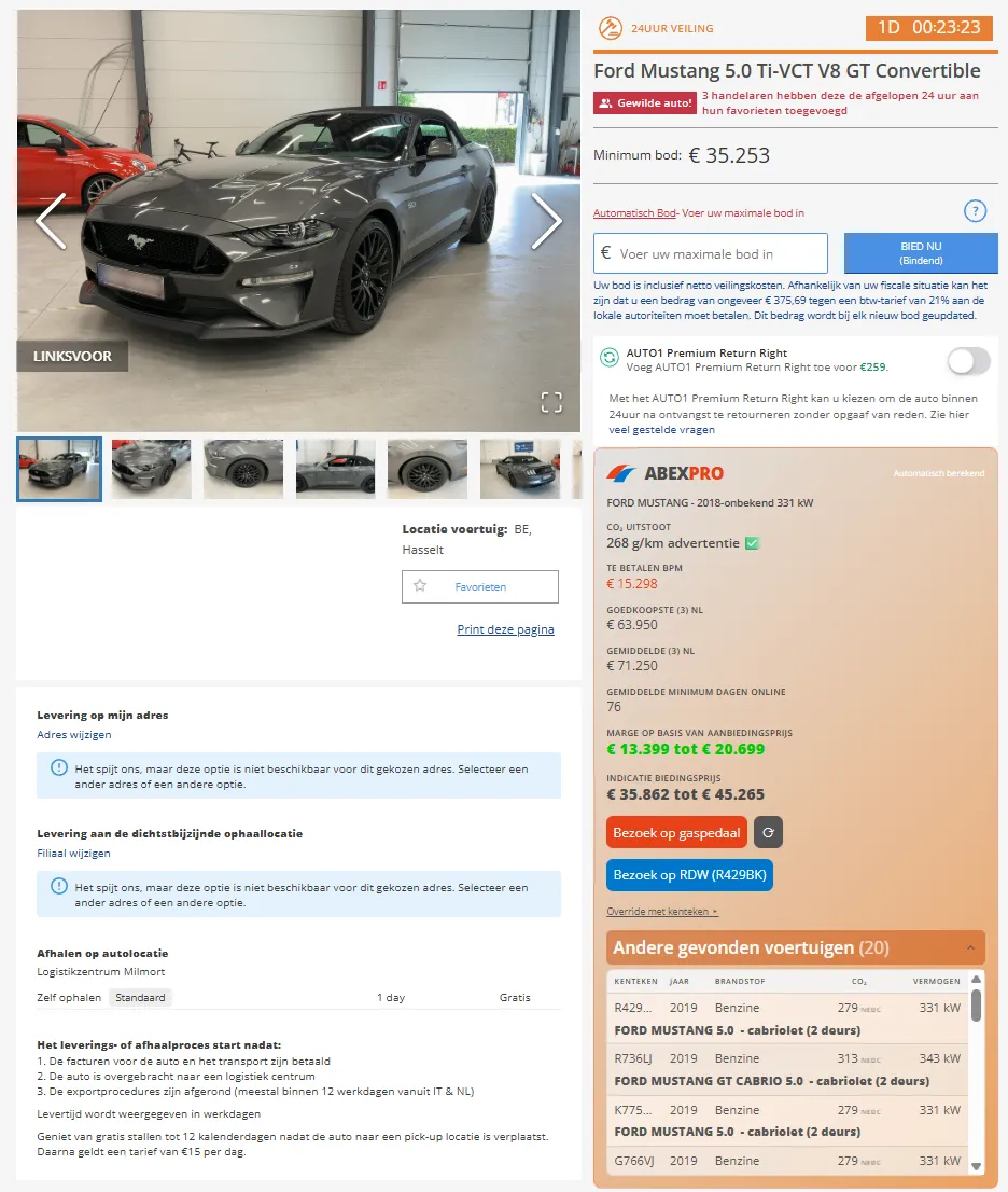 AbexPro-paneel inline op een voertuigpagina van Auto1.com