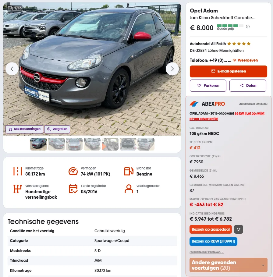 AbexPro-paneel inline op een voertuigpagina van Mobile.de