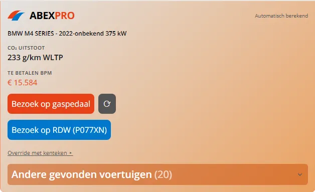 AbexPro-paneel dat direct bij het openen van een kavel de CO₂-uitstoot en te betalen BPM toont