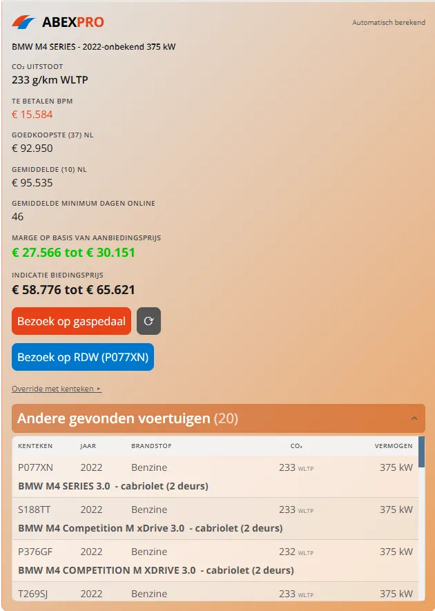 AbexPro-paneel met automatisch berekende BPM, CO₂-uitstoot, Nederlandse marktprijzen, marge en indicatie biedprijs